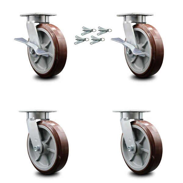 Service Caster 8 Inch Kingpinless Poly on Polyolefin Wheel Caster Swivel Locks 2 Brakes, 4PK SCC-KP30S820-PPUR-SLB-BSL-2-BSL-2 - main